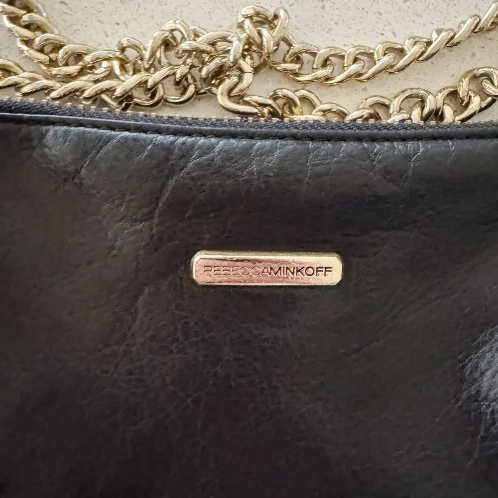 Rebecca Minkoff Black Soft Leather Zip Crossbody Gold Chain Strap Studs Club - Picture 3 of 9